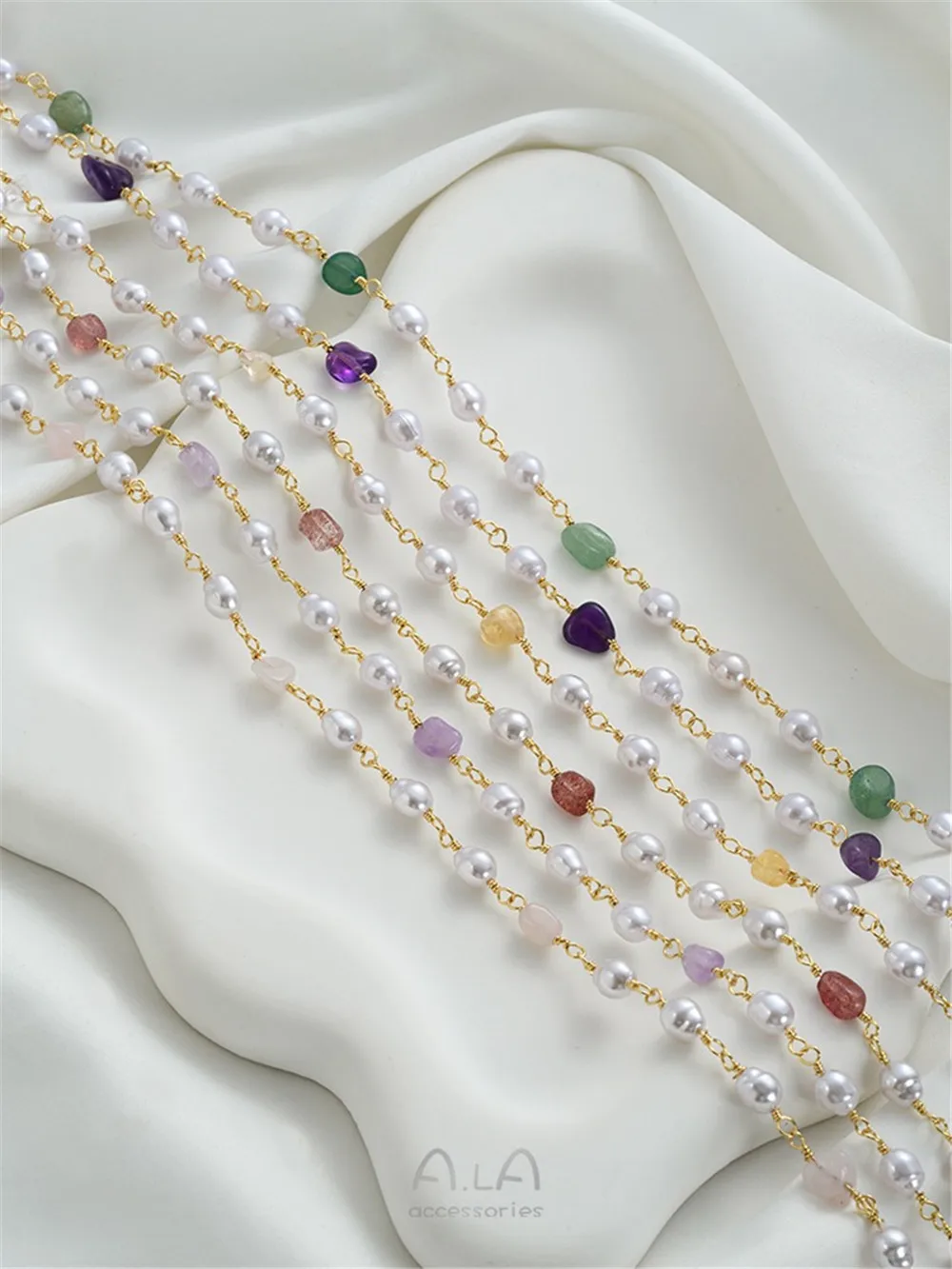 

14K Gold Wrapped Natural Irregular Amethyst Strawberry Crystal Imitation Pearl Chain DIY Bracelet Jewelry Handmade Loose Chain