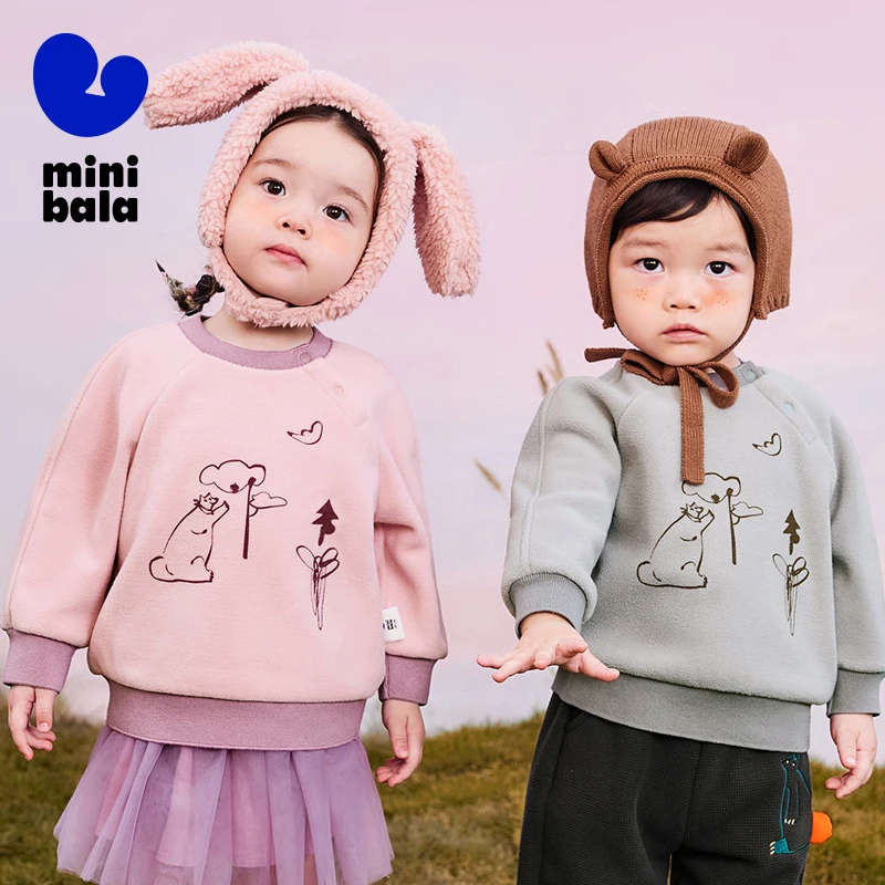 Mini Bala Long Sleeve Cute Fleece-Lined Top for Boys and Girls 2024 Autumn and Winter New Pullovers Cotton Kid Girl Top