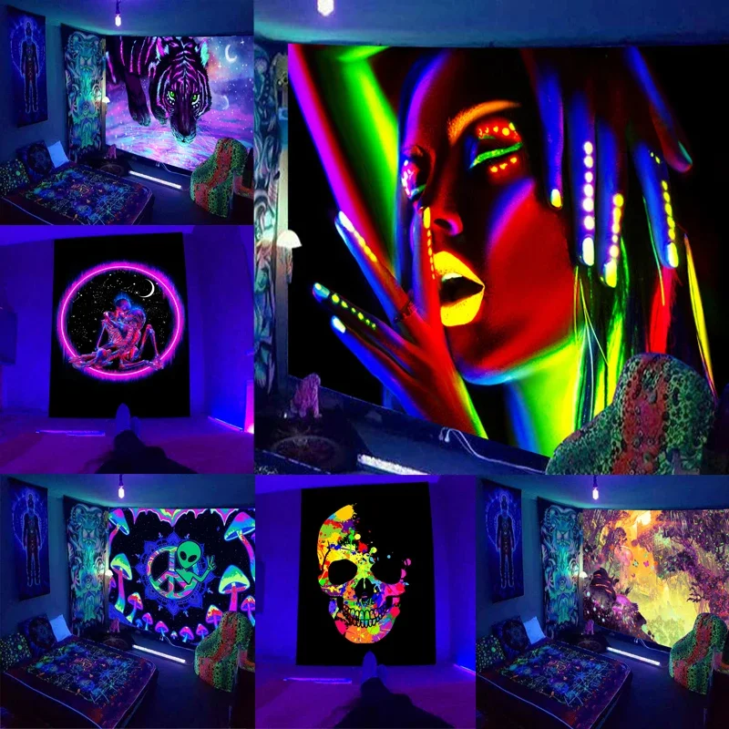 Shinning Woman Background Wall Fluorescent Tapestry Hanging Cloth Tiger City Night Skull Alien  Home Decoration Mural