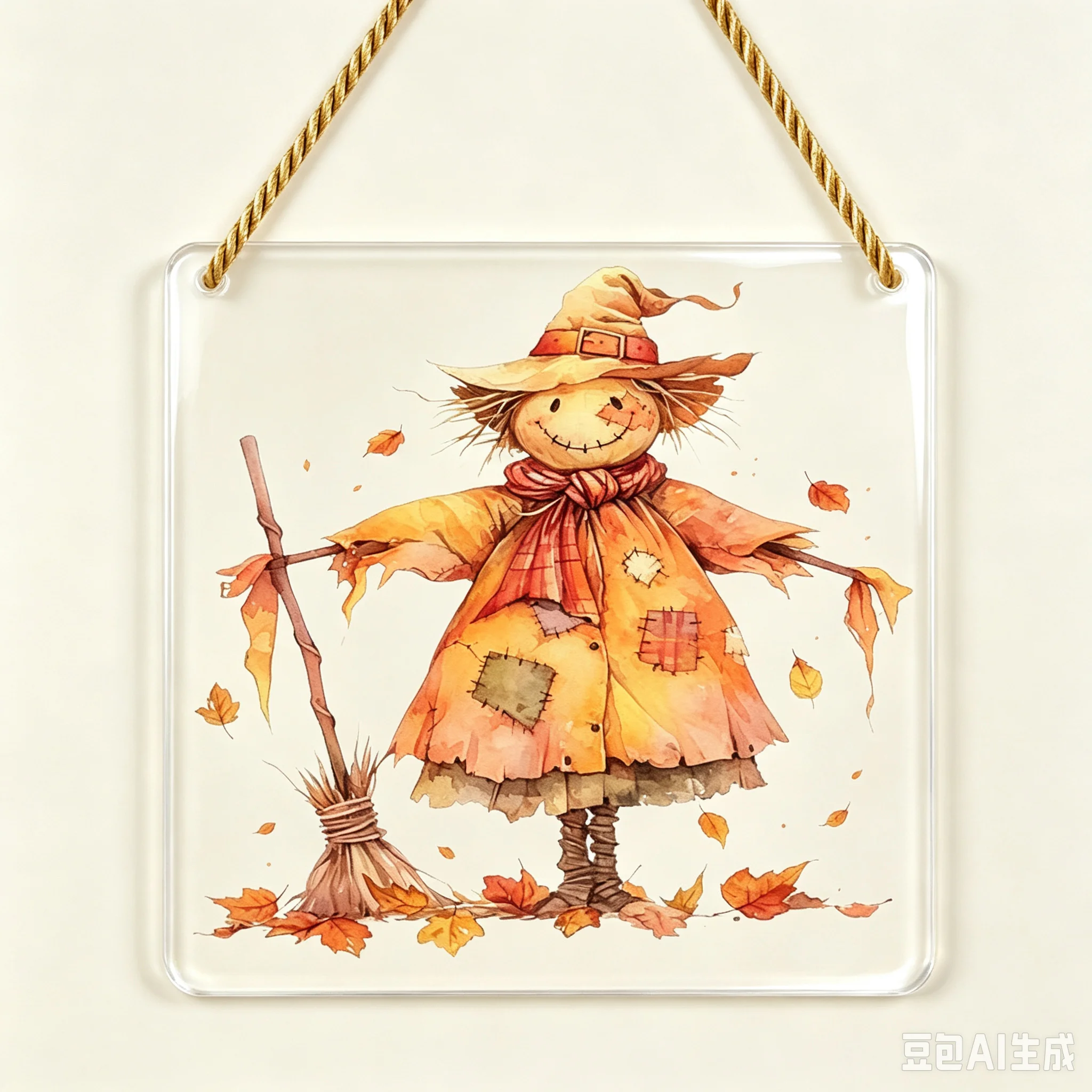 Square Acrylic Fall Hanging Plaque, Patchwork Scarecrow With Broom Autumn Harvest Wall Decoration Cute Harvest Scarecrow Clear Acrylic Hanging Sign, Rope‑Hung Thanksgiving Fall Season Wall Keepsake