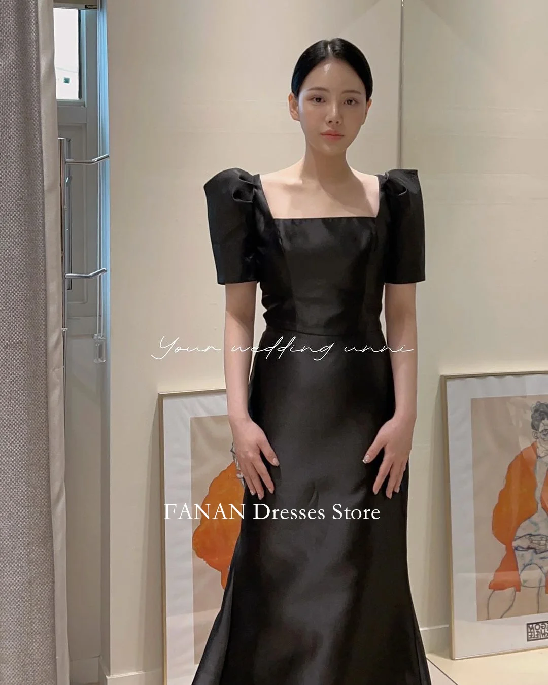 

FANAN Square Neck Mermaid Simple Evening Party Dresses Satin Korea Black Ruched Wedding Women Gowns Event Prom Gowns Customized