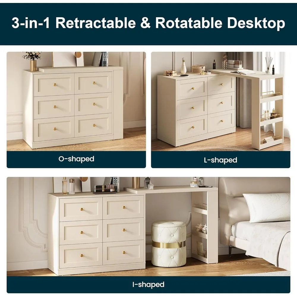 67 مكتب زينة للمكياج قابل للتوسيع مع أدراج و3 أرفف، مجموعة طاولة تزيين خشبية لغرفة النوم، بيج #4