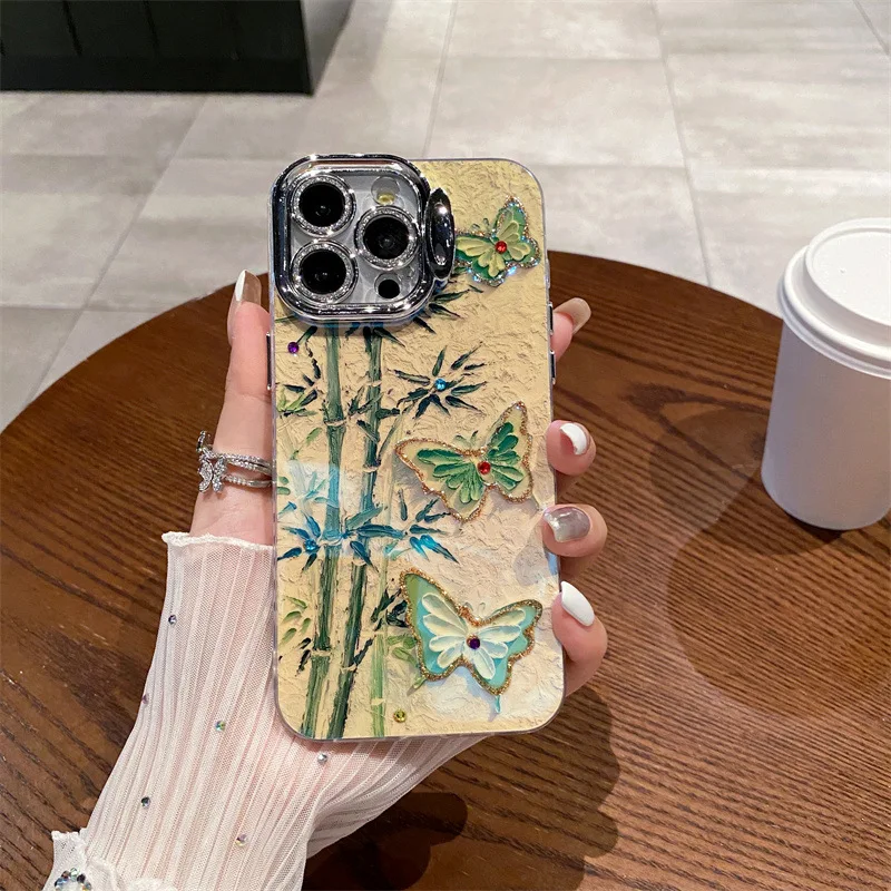 For iPhone15promax phone case iPhone14pro Bamboo iPhone12 Butterfly iPhone16 stand iPhone13 Korean iPhone11