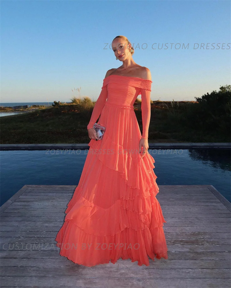 Abiti da sera da donna in Chiffon A maniche lunghe rosa pieghettato lunghezza del pavimento abito da ballo formale una linea eleganti abiti da festa