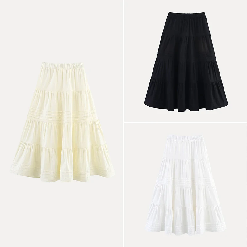 

Spring 2025 Women's Cotton Skirt Maxi Flounce Multi-layered Cake Sle Midi Skirt Polyester Fiber Pure Color Versatile Sle