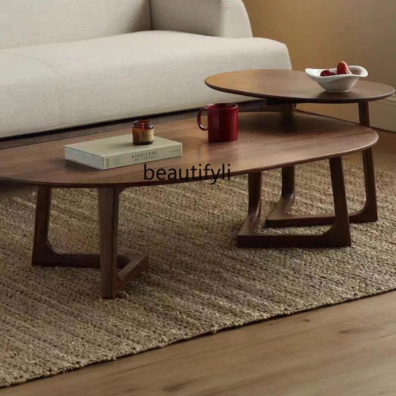 Black Walnut Wooden Tea Table Nordic Modern Minimalist Size High and Low Combination Side Table Design Special-Shaped Tea Table