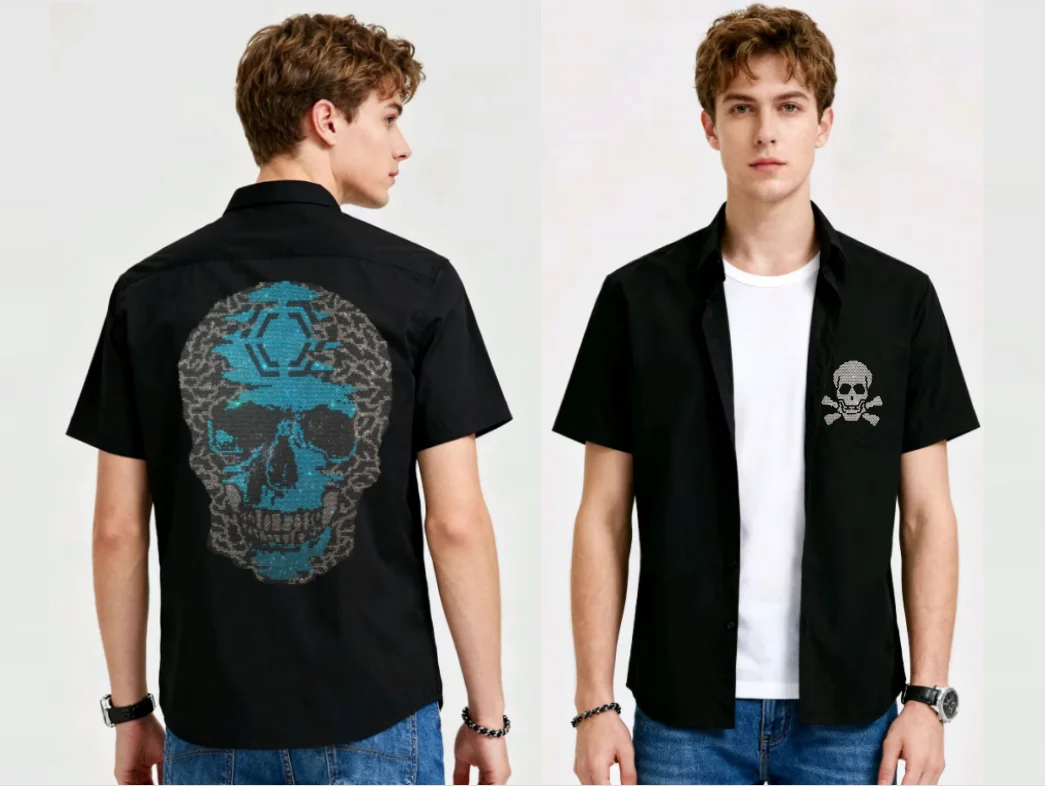 

Men's Skull Themed Short Sleeve Shirt with Slim Fit and Shiny Rhinestones Perfect for Summer Casual Wear Holiday Travel shirts
