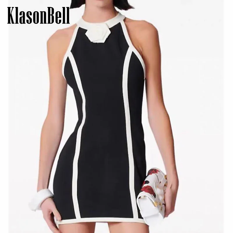 

5.5 KlasonBell 3D Flower Elegant Fashion Contrast Color Stretched Knit Halter Dress For Women Sexy Package Hip Short Dress