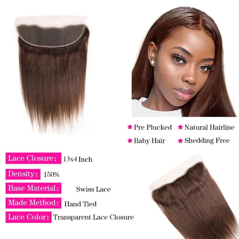 Brown Human Hair Bundles With Closure Straight Frontal 13x4 Lace 100% Real Human Hair Weave Extensions 26 28 30 Inches Color #4