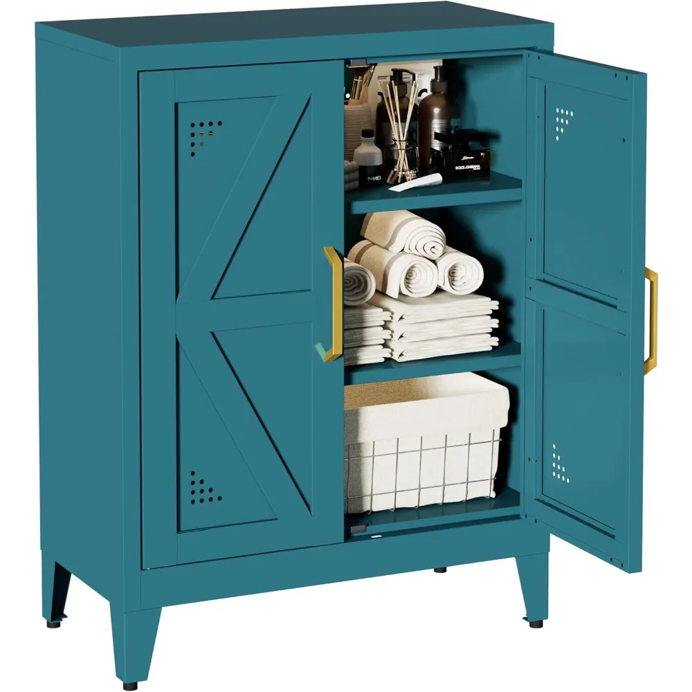 

32 Inch Metal Kitchen Utensil Cabinet, Floor Standing Bathroom Storage Cabinet with 2 Adjustable Shelves, Independent Side Panel