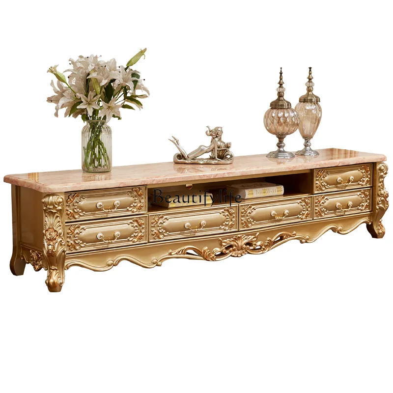 

European TV cabinet coffee table combination high-end luxury European and American style full solid wood carving flower