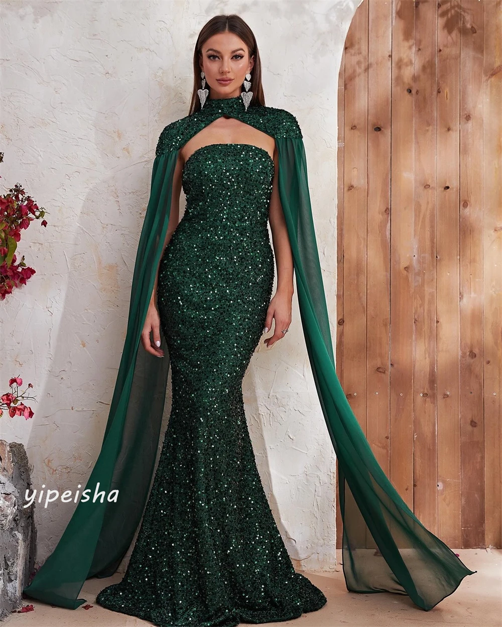 Sequin Draped Pleat Cocktail Party Mermaid High Collar Bespoke Occasion Gown Long Dresses