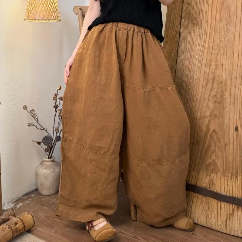 

Весна-лето, женские свободные повседневные брюки с эластичной резинкой на талии, высококачественные хлопковые и льняные винтажные шаровары