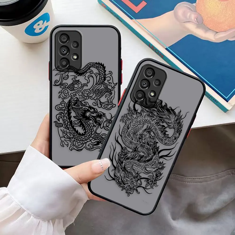 Matte Phone Case for Samsung A73 A72 A71 A53 A52 A51 A50 A42 A32 A33 A30 A22 A21S 5G 4G LITE Case Line Drawing Chinese Dragon