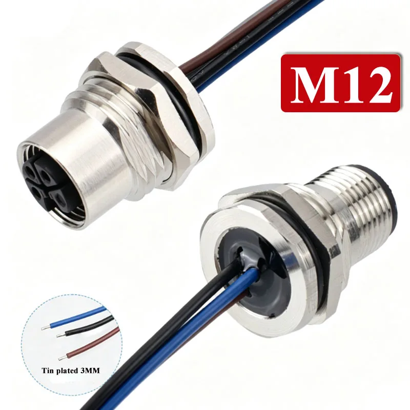 IP67 M12 Cable Connector Socket with 30cm Wire Metal Shielded 2 3 4 5 Pin Plug Line Panel Mount Male Female Connectors Adapter