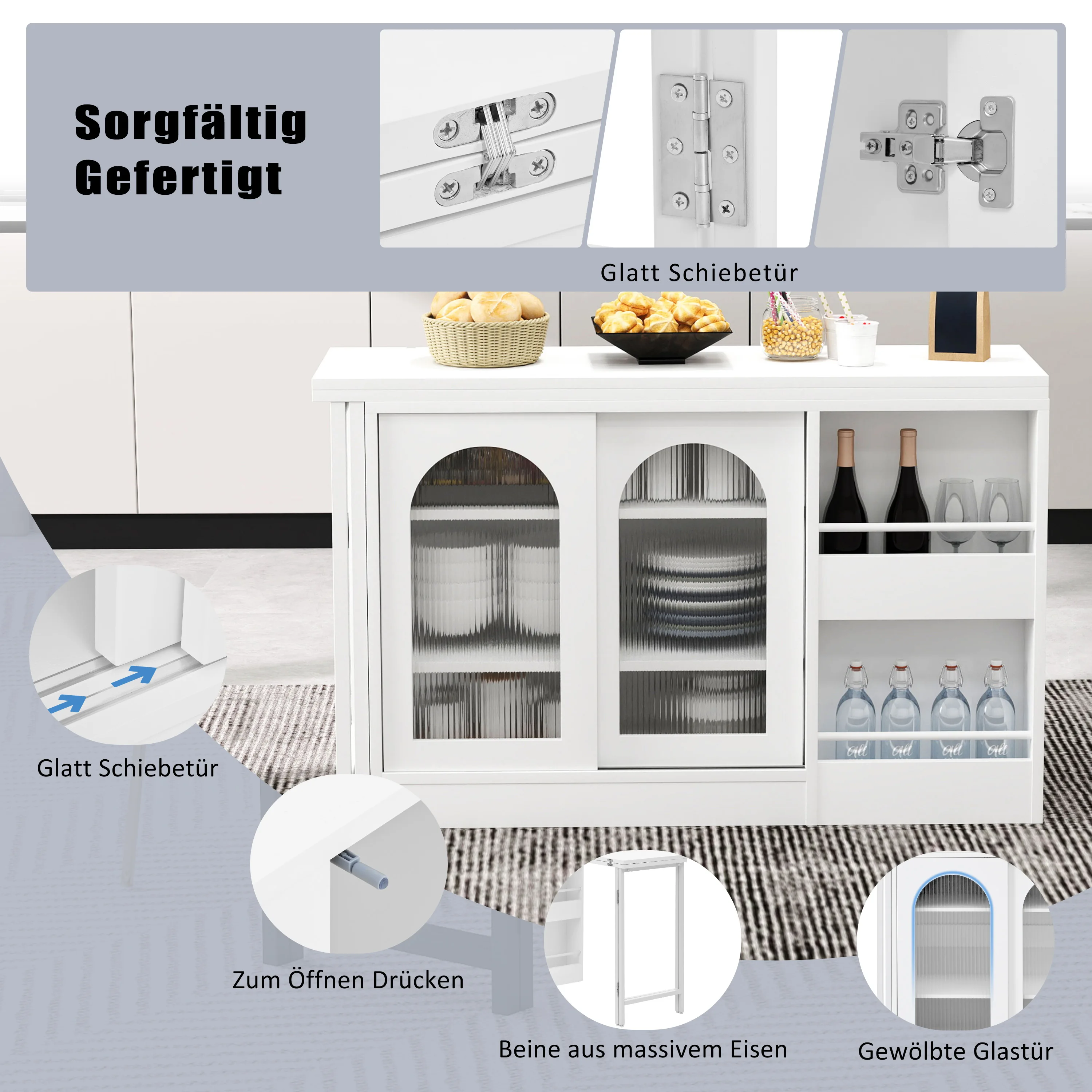 Moderner Bartisch, ausziehbar 360° ° Drehbarer Bartisch mit Stauraum, umkehrbarer Tisch, Sideboard-Bar mit Glastür – Detail 5