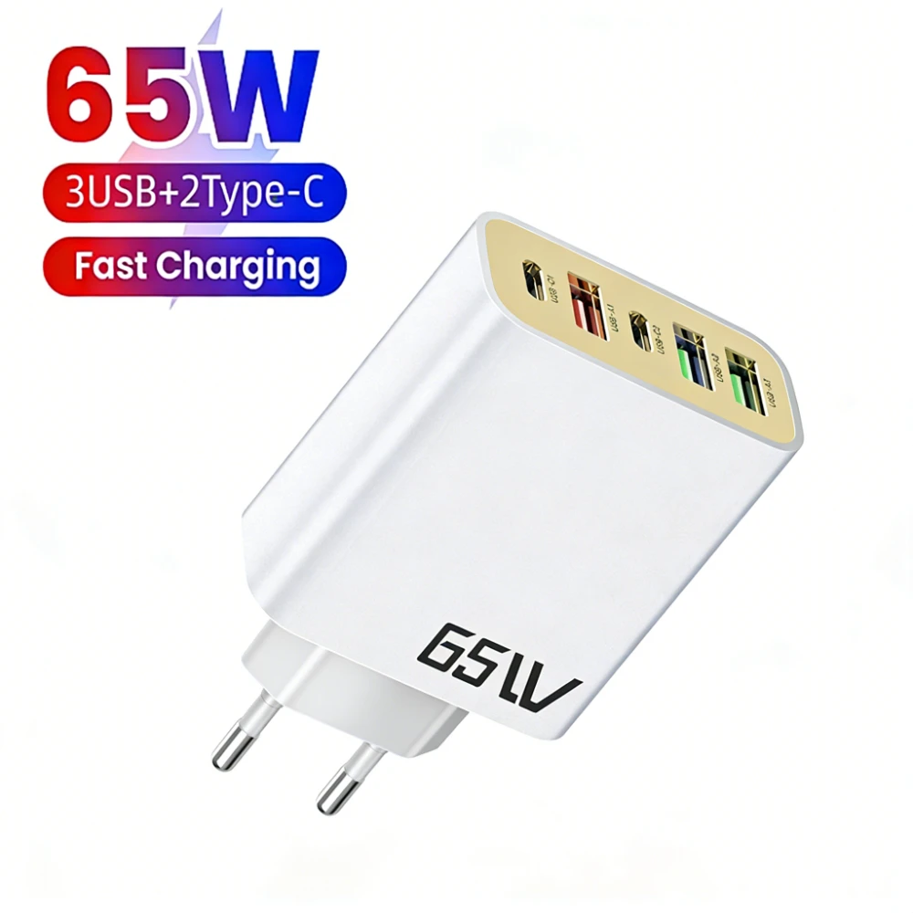 65W 5 in 1 USB PD Charger Type C Fast Charging Phone Charger Adapter For iPhone Samsung Xiaomi Huawei EU/US/UK Plug Wall Charger