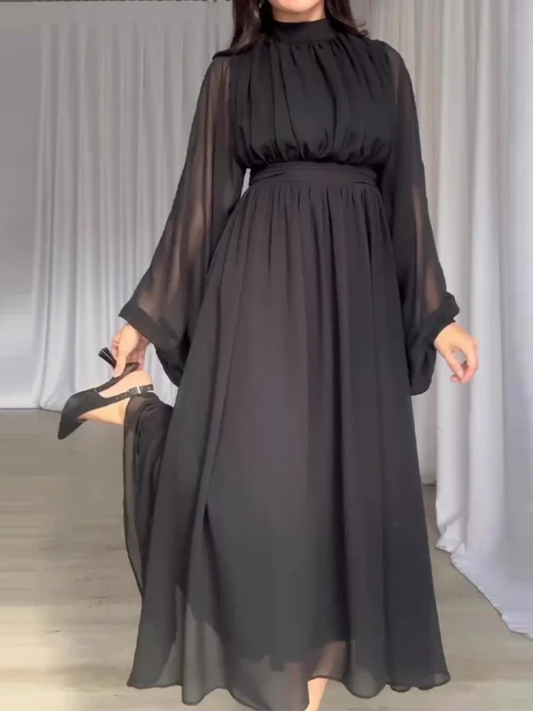 Eid Pleated Dress for Women Chiffion Muslim Party Ramadan Abaya Long Dress Belt Kaftan Vestidos Largos Dubai Robe Jalabiya 2024