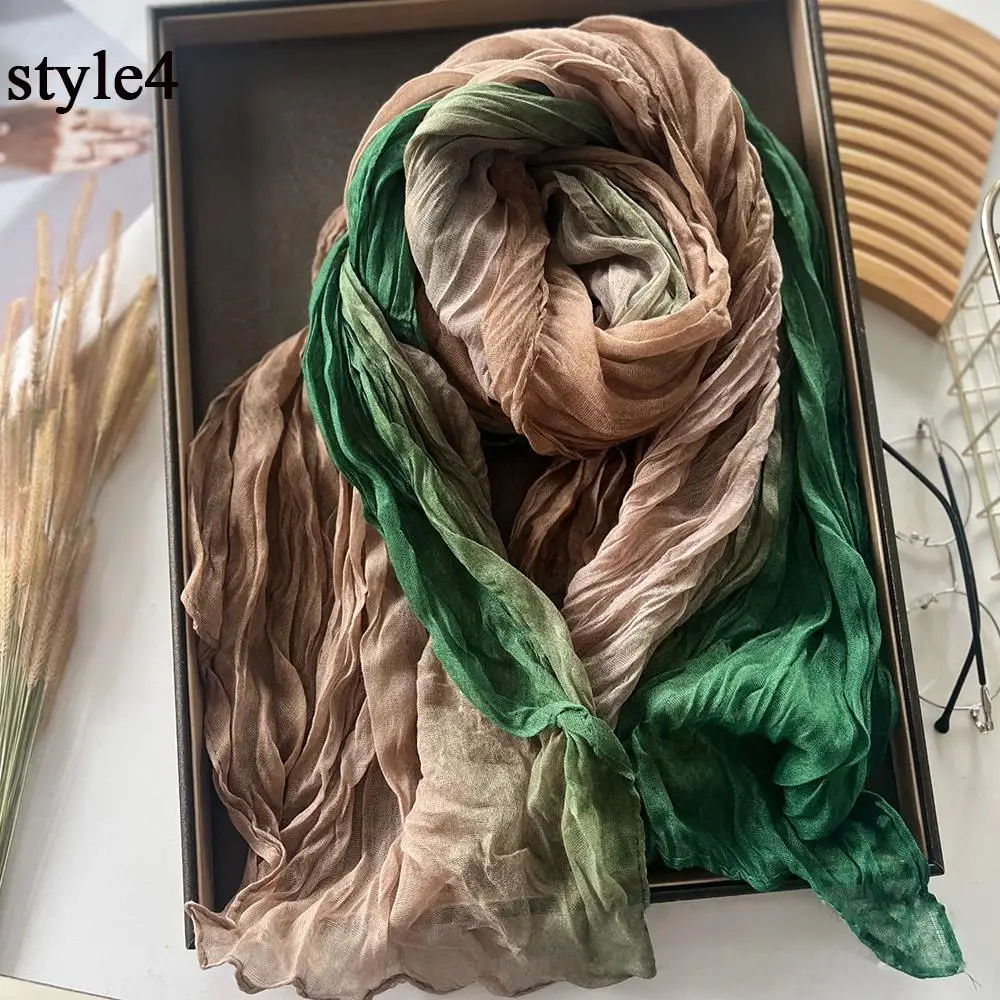 

Retro Cotton Linen Scarf Gradient Tie-Dye Shawl Hijab Winter Korean Fashion Printed Women Long Scarf Female Pleated Head Scarf