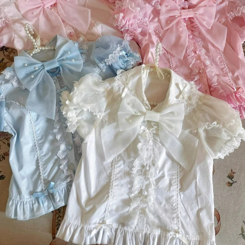 

Японская рубашка Kawaii Lolita, женская милая жемчужная рубашка с бантом и оборками, воротник Питера Пэна, блузки принцессы, женские топы с короткими рукавами Y2k, Blusas