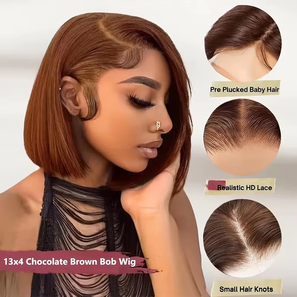 220% Chocolate Brown Short Bob Bone Straight 13x4 HD Transparent Lace Front Human Hair Wig Brazilian Lace Frontal Wigs For Women image 3