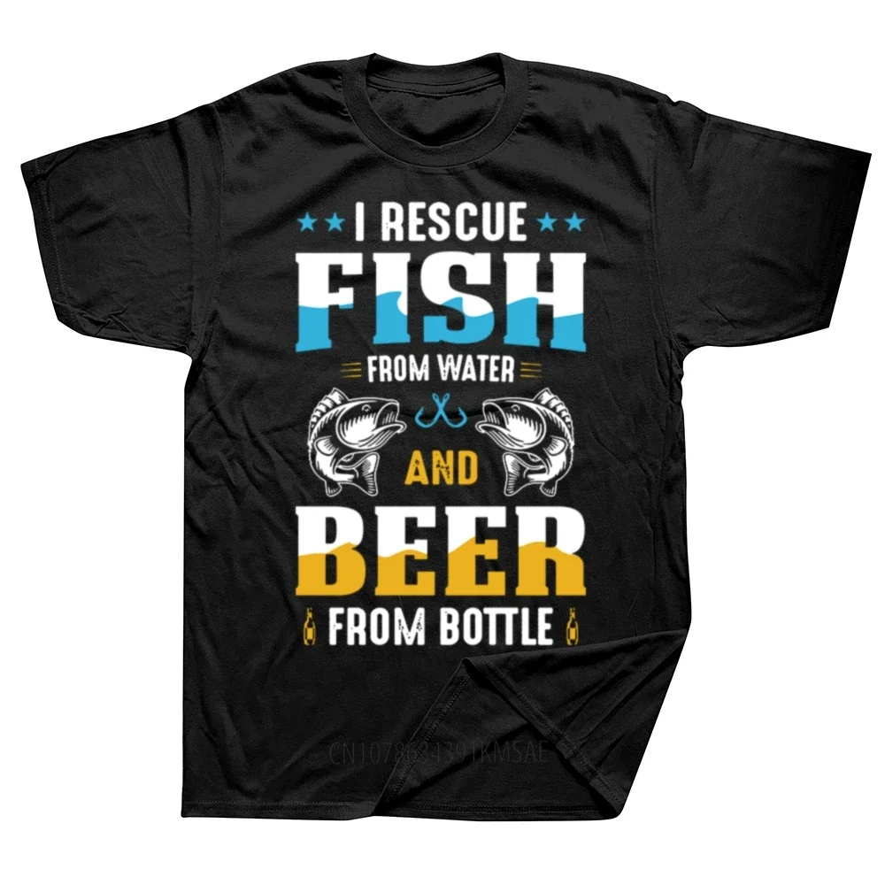 Vintage I Rescue Fish From Water And Beer From Bottles Men's T Shirts Short Sleeve Cotton Oversized Clothing Fishing Apparel Man