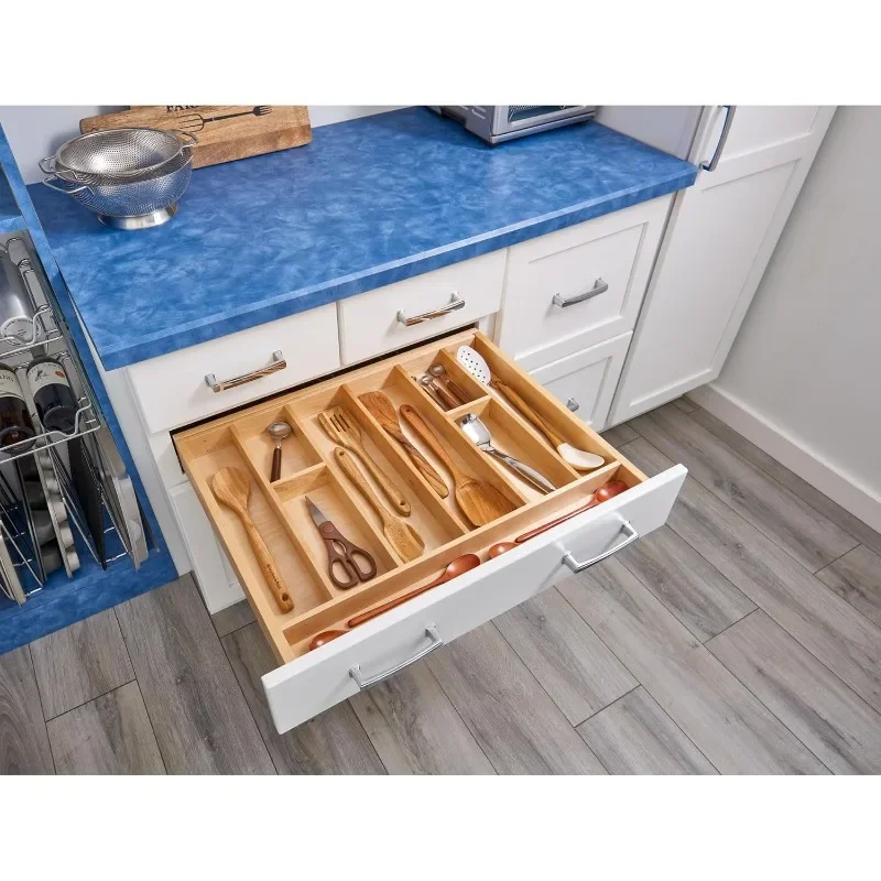 Silverware Drawer Organizer For Kitchen Utensils, Cutlery Cabinet Storage Divider Insert, 33.13 x 22 In, Maple Wood