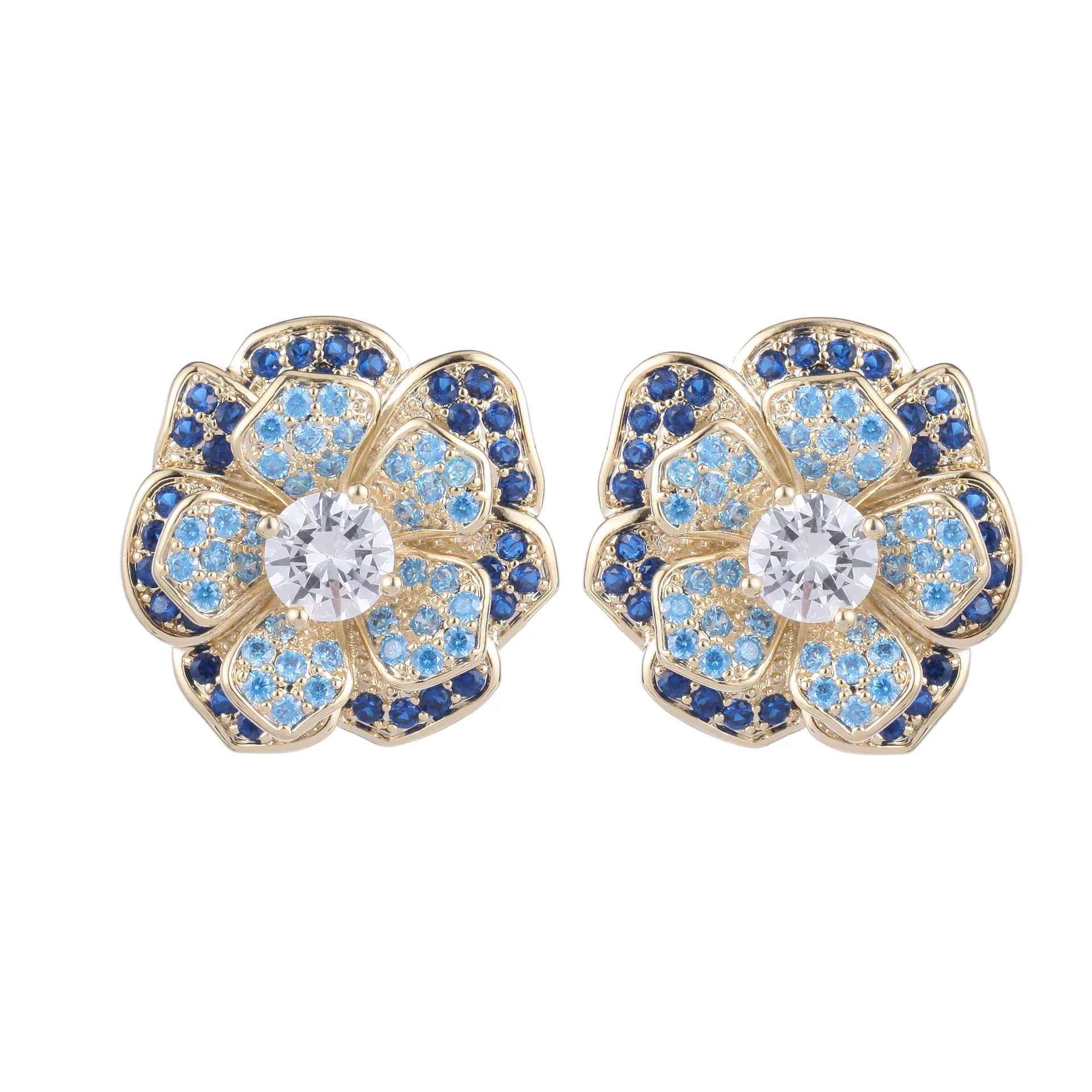 2024 Summer New Earrings with Micro Set Blue Zircon Silver Needle Earrings and Multi layered 3D Flower Earrings