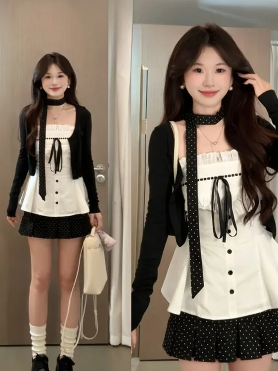 

Spring Summer Knitted Sash Open Cardigan Jacket Inner Lace Knot Strap Top Polka Dot Short Skirt Set Women's Fashion