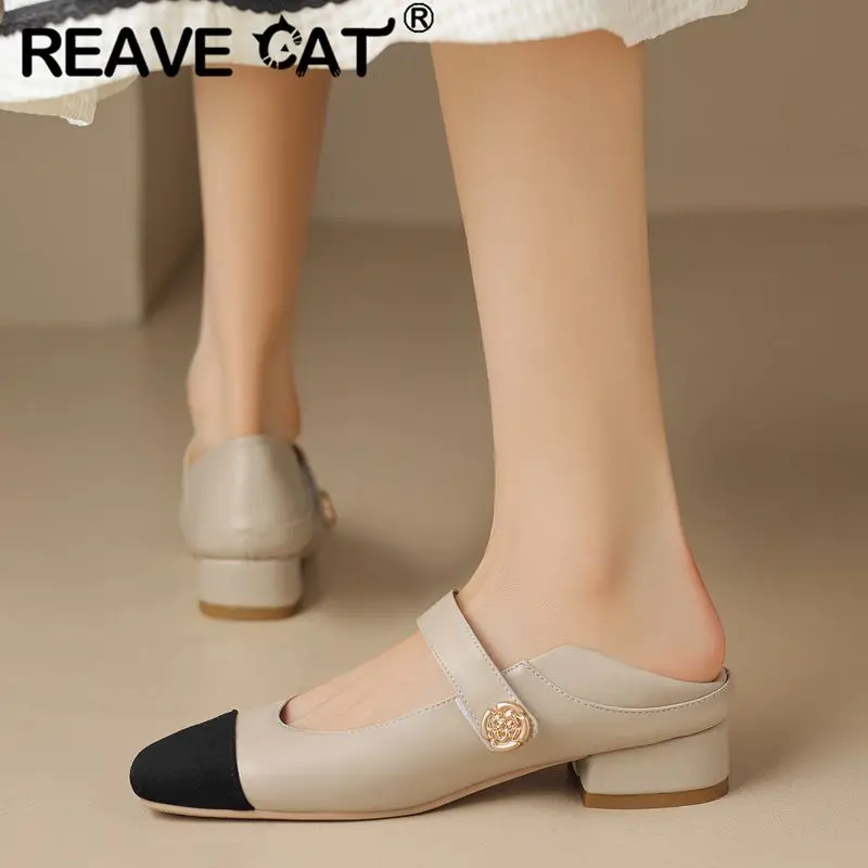 

REAVE CAT Women Korea Soft Flats Square Toe Hook&Loop Mixed Color Block Heels 3cm Casual Elegant Female Shoes Big Size 41 42 43