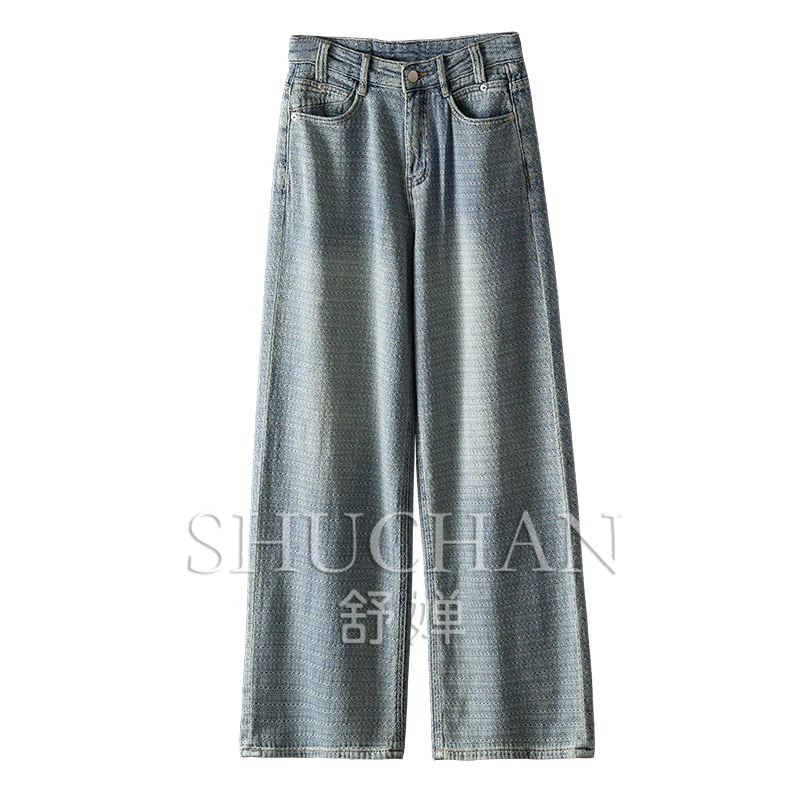 Early Autumn Jacquard High Waist Straight Wide Leg Denim Trousers Women COTTON  POLYESTER  Pantalones De Mujer