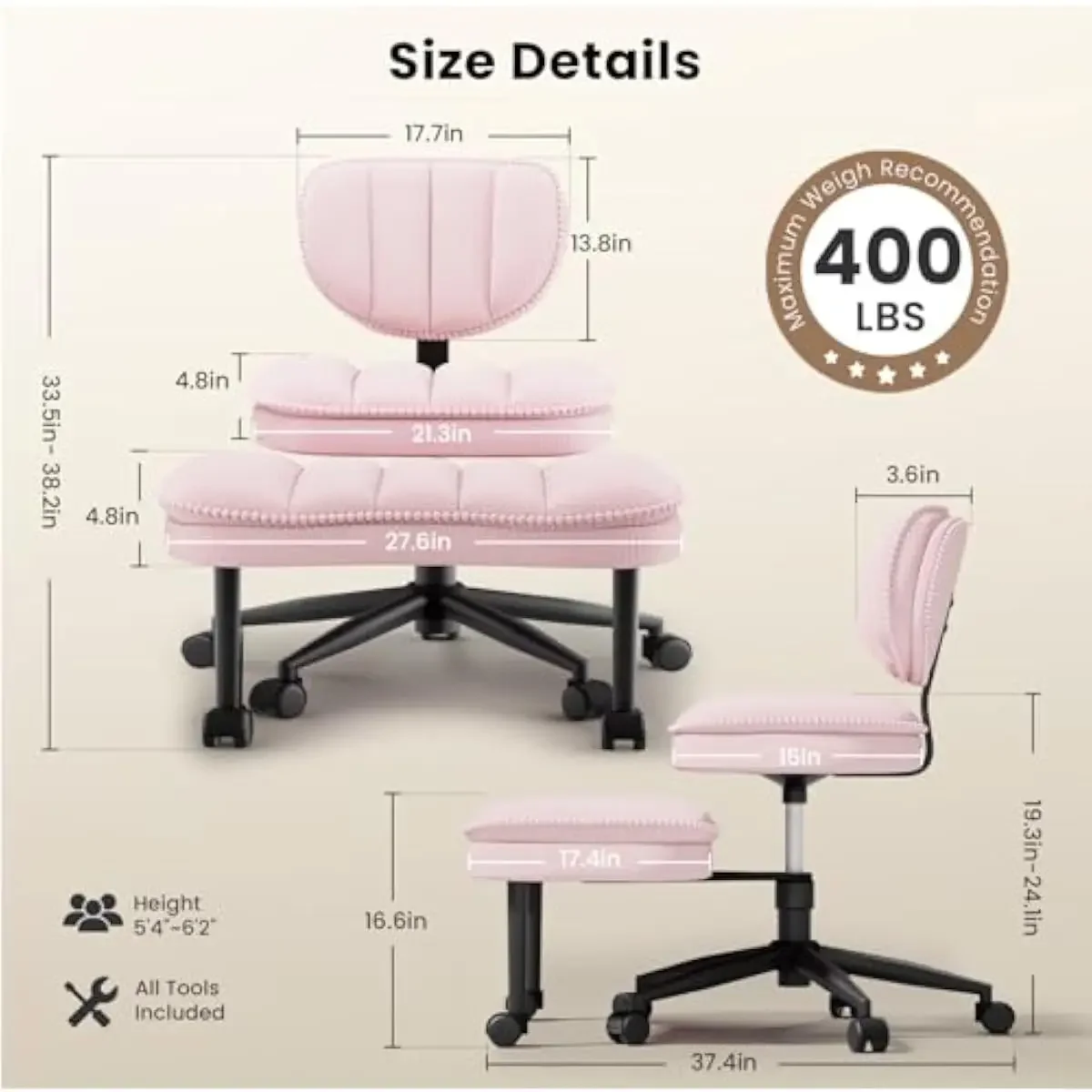 Ergonomic Cross-Legged Desk Seat with Adjustable Height and Rolling Casters • Wide Cushioned Design for Kneeling or Meditation •