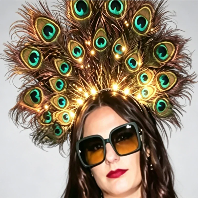 Light Up Peacock Feather Headpiece Crown, LED Showgirl Headdress, Festival Party Hair Accessory for Drag Costume Stage Show