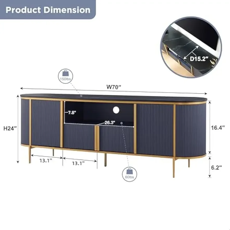 Soporte de TV estriado de lujo de 70 ", centro de entretenimiento moderno para televisores de hasta 80 pulgadas, consola de TV con parte superior de mármol de imitación