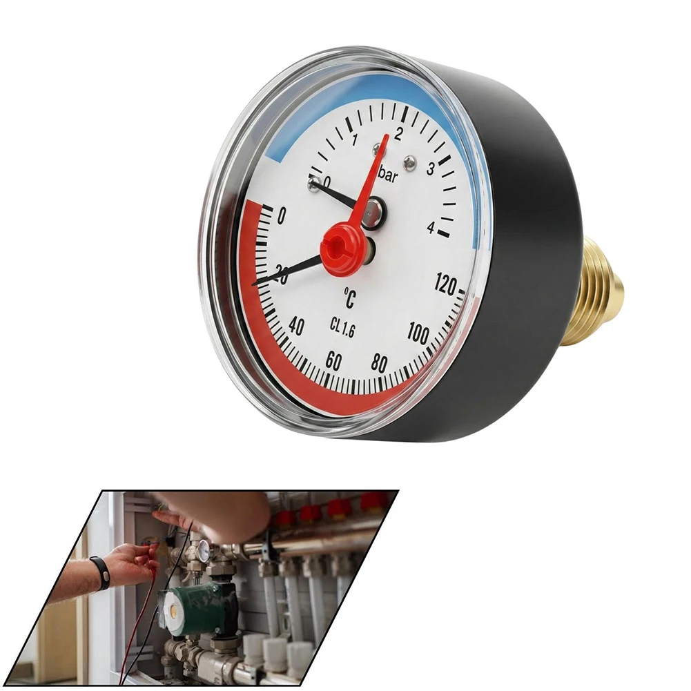Thermo-manometer Underfloor Heating Temperature Pressure Gauge 0-120°C 4 Bar 1/4 Inch 1/2 Inch Adapter Solar Water Heating