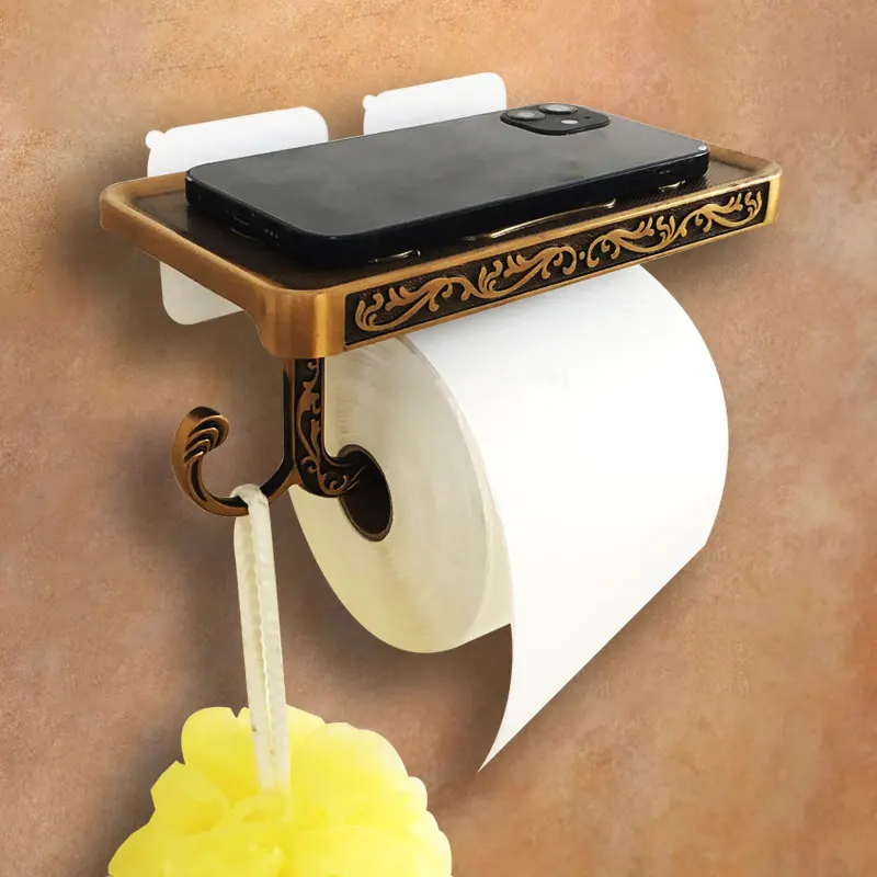 WC Tissue Holder with Cell Phone Partition Nail Free Bathroom Toilet Paper Holder 3M White Antique Paper Towel Holder with Hook