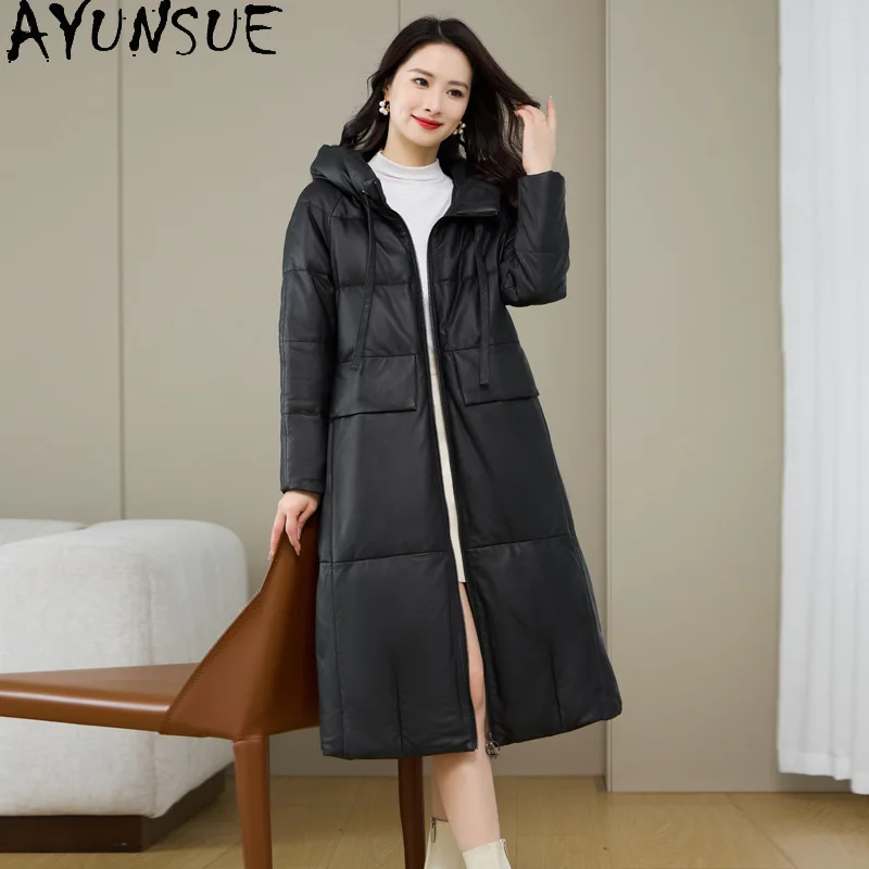 AYUNSUE véritable peau de mouton en cuir véritable doudoune femmes vêtements d'hiver nouveau dans Ouerwears 2025 Long blanc canard vers le bas manteau à capuche