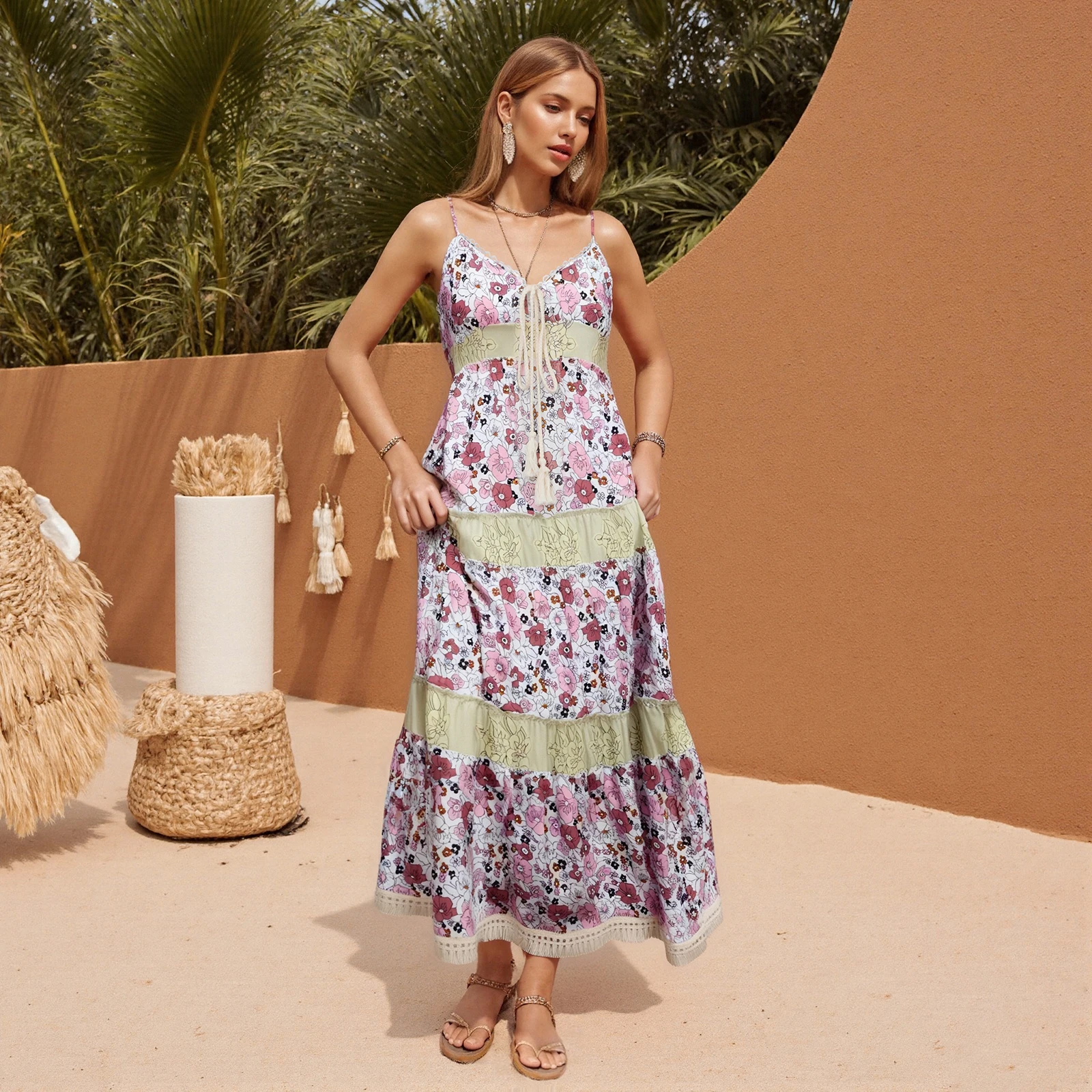 Women Floral Long Cami Dress Tie-up Tassel Deep V Neck Spaghetti Strap Backless Tiered Dress for Daily Party