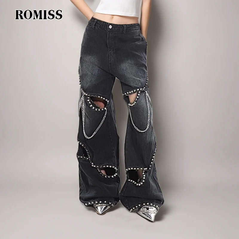 

ROMISS Streetwear Patchwork Chain Full Length Pant For Women High Waist Hollow Out Spliced Belt Chic Wide Leg Pants Female