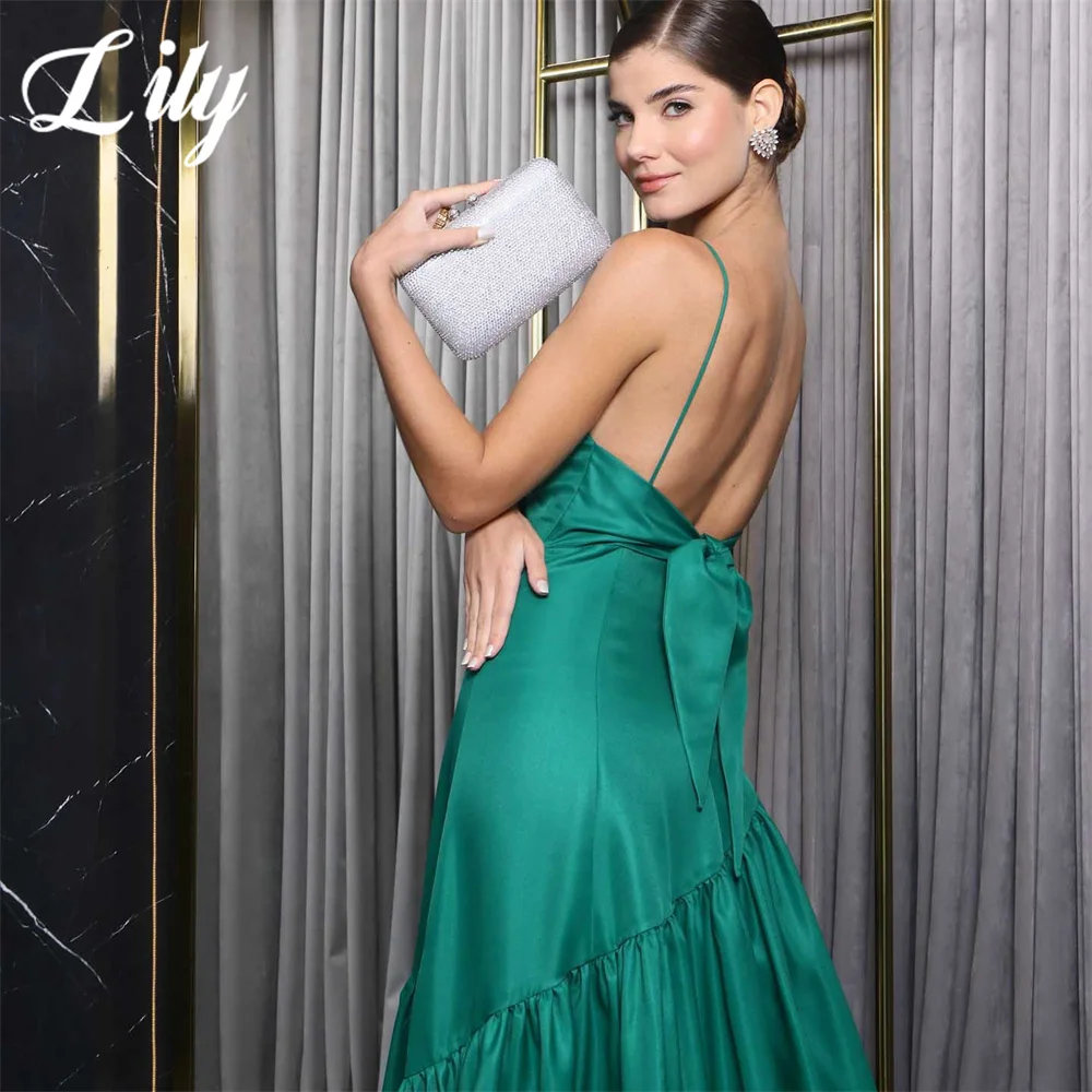 Lily Simple Green A-line Evening Dress V-Neck Sleeveless Prom Dress Spaghetti Strap Pleat Satin Party Dresses vestidos de noche