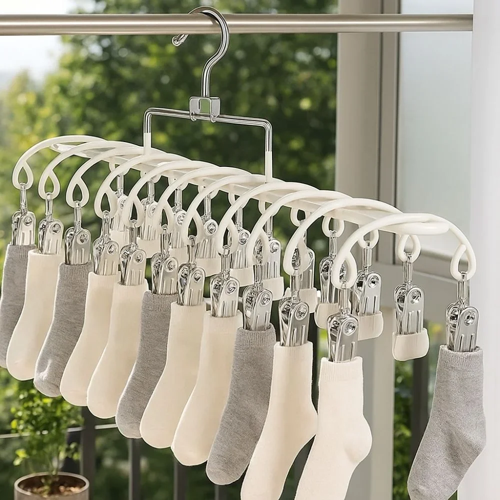 Stainless Steel Clothes Drying Hanger 20 Clips Rustproof Sock Laundry Airer Anti-slip Underwear Socks Holder Laundry Room