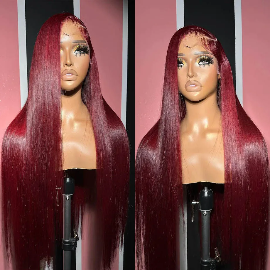 Straight Burgundy HD Lace Frontal Perucas para Mulheres, Cabelo Humano Glueless, Peruca Brasileira, Vinho Vermelho Colorido, 13x6