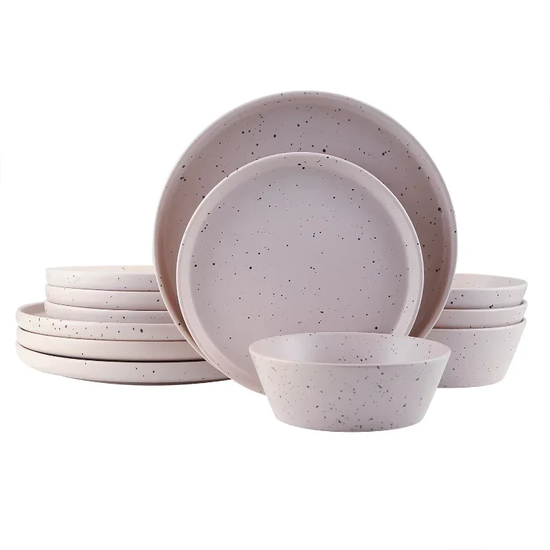 Jessica Stoneware 12-Piece Round Dinnerware Set, Taupe  Cute Plate