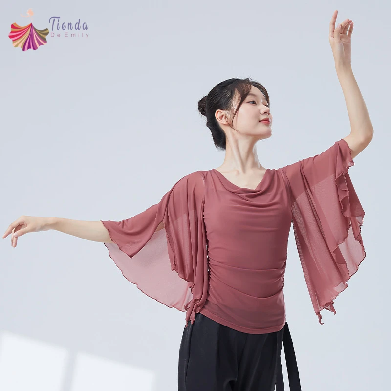 المرأة الحديثة الرقص شبكة أعلى شق كم طاقم مطوي طوق تول قميص قاعة الرقص اللاتينية التدريب الملابس بلوزة العرقية #1