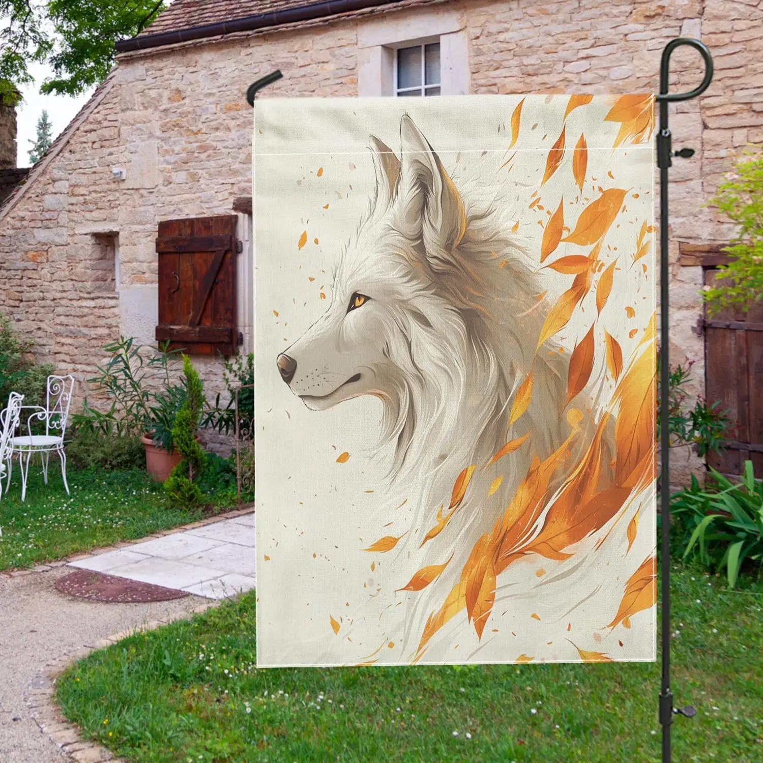 Fall Wolf Front Yard Backyard Burlap Garden Flags 12x18 Double Sided for Outside, Abstract Autumn Maple Leaf Small House Fla yyi