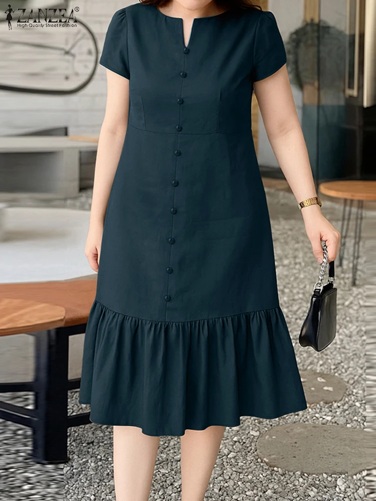 ZANZEA-vestido Midi elegante con cuello en V para mujer, vestido veraniego para trabajo de oficina, manga corta, botones lisos, 2025