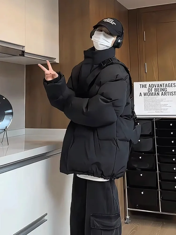 

Black Short Thickened down Jacket Men's Northeast Winter Outfit Stand Collar Workwear American Bread Coat Youth Fashion