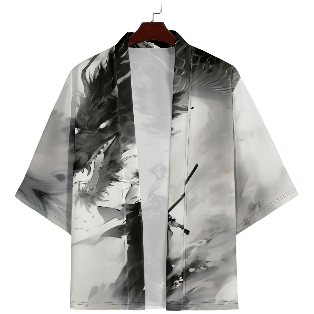 Summer Loose Japanese Streetwear Cardigan Women Men Harajuku Anime Dragon Samurai Haori Kimono Top Yukata Clothes