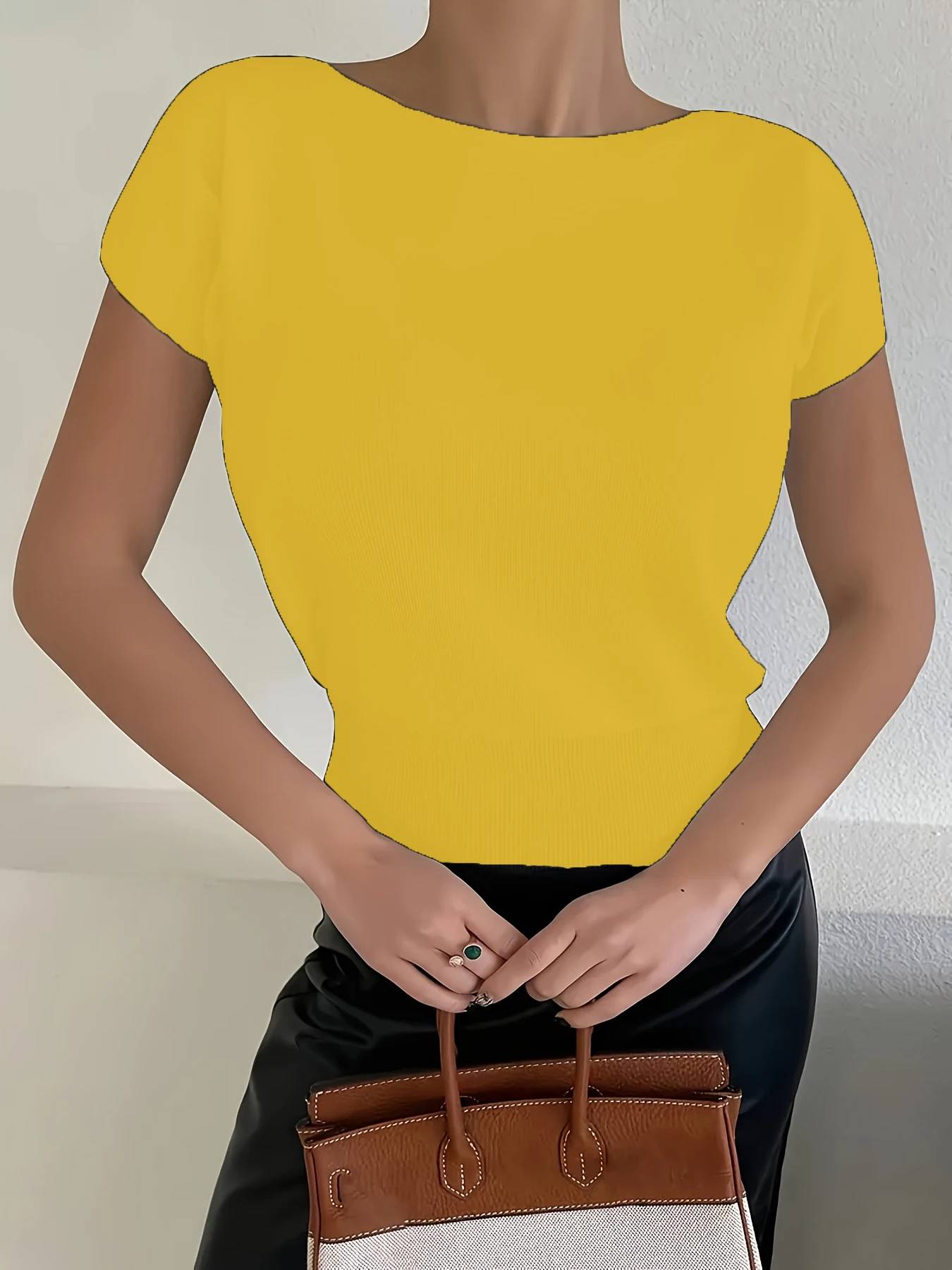 เสื้อถักแขนสั้นทรงแร็กแลนสีพื้นเรียบหรูสำหรับผู้หญิง ทรงเข้ารูปช่วงเอว บางเบา สไตล์ฤดูใบไม้ผลิ/ฤดูร้อน เหมาะสำหรับใส่ไปทำงาน