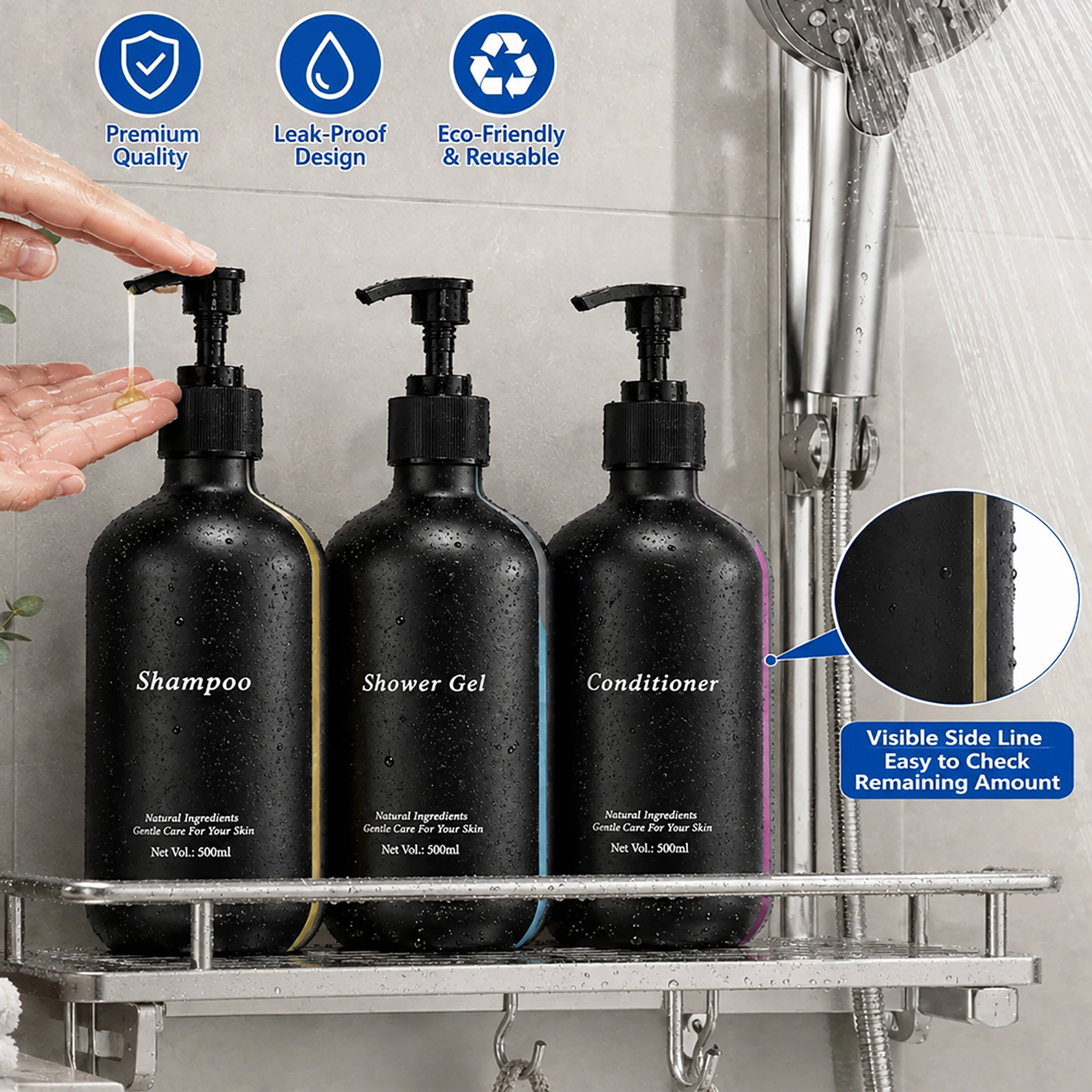 1set Shower Soap Dispenser with Visible Window - 500ml Bath Decor Refillable Pump Bottle for Shower Gel, Conditioner and Shampoo